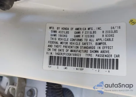 2016 Honda Accord Sport z USA, uszkodzony, nr VIN 1HGCR2F53GA188620